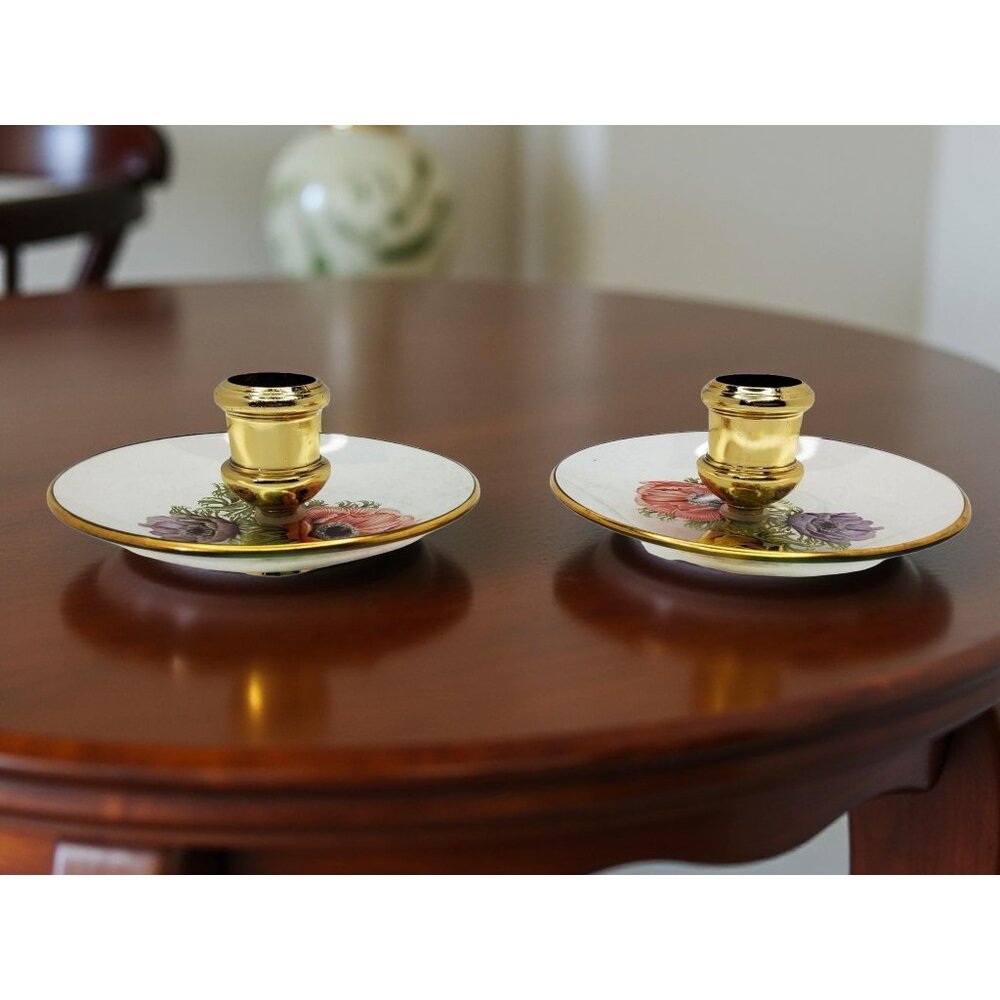 Vintage Chance Glass Candlestick Holder Set with Poppy Flowers and Gold Rim 5" d
